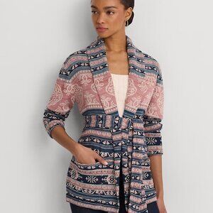 Ralph Lauren Geo Motif Belted Linen Cotton Blend Cardigan Sweater XL Aztec Cozy